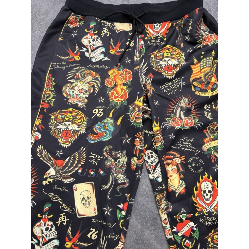 Ed Hardy Flashboard Wide Leg Track Pant Black Gold Tiger Skull Dragon Size L - Picture 5 of 11